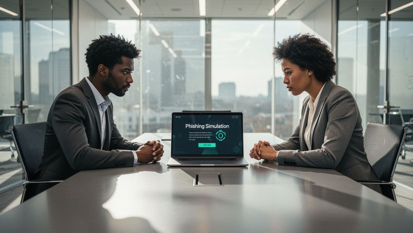 Diverse team of ten business professionals engaged in a modern cybersecurity training workshop in a bright conference room, using laptops for phishing simulations and quizzes while instructors diagram attack flows on a whiteboard.