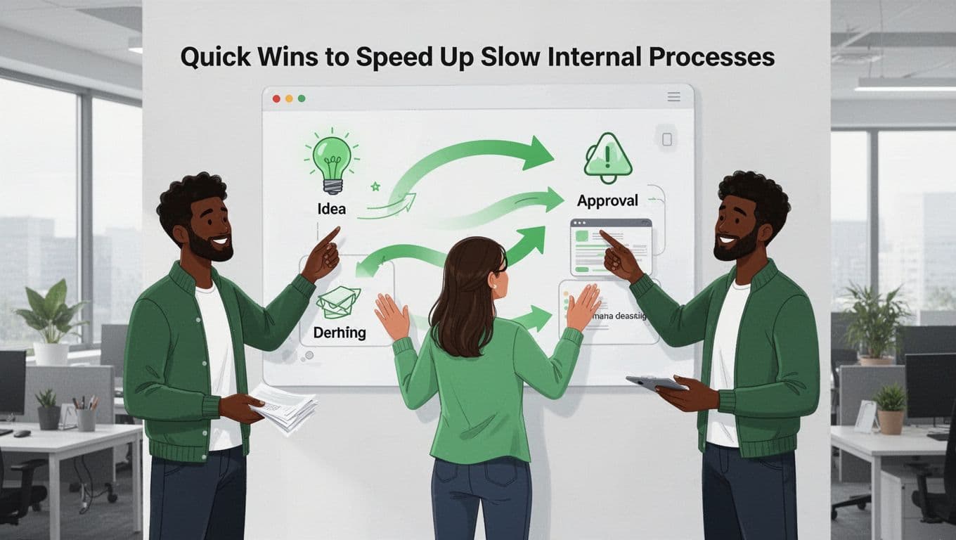 Modern illustration of a diverse team of three in a modern office collaboratively reviewing a simple digital workflow board on the wall, featuring smooth green arrows for fast process flow from idea to approval.
