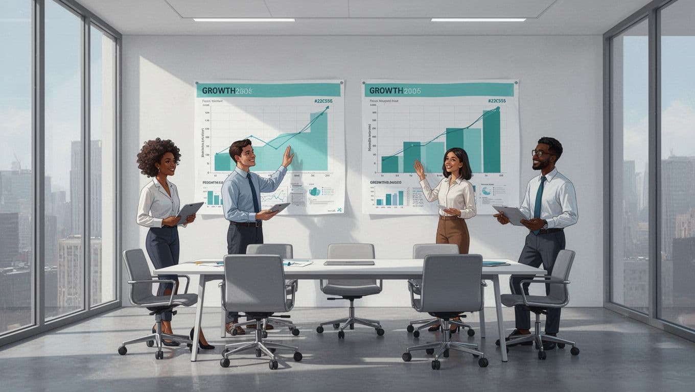 Modern illustration of a diverse team of four professionals in a conference room, relaxed and successfully reviewing large growth charts on the wall.