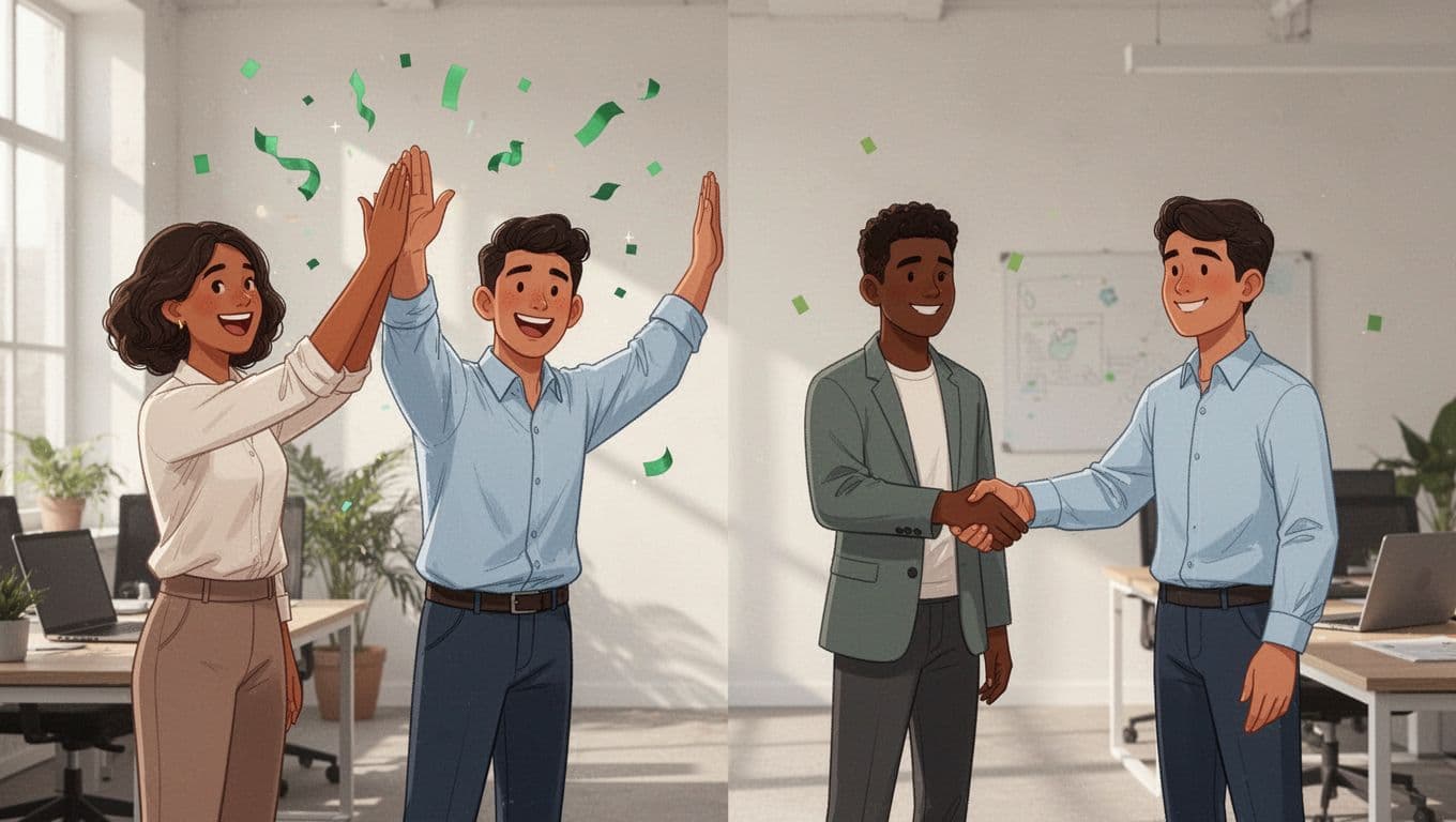 Modern illustration of a diverse team of four in an open office, with the left half celebrating an internal promotion via high-fives and the right half welcoming a new external hire with handshakes, using green accents on interactions.