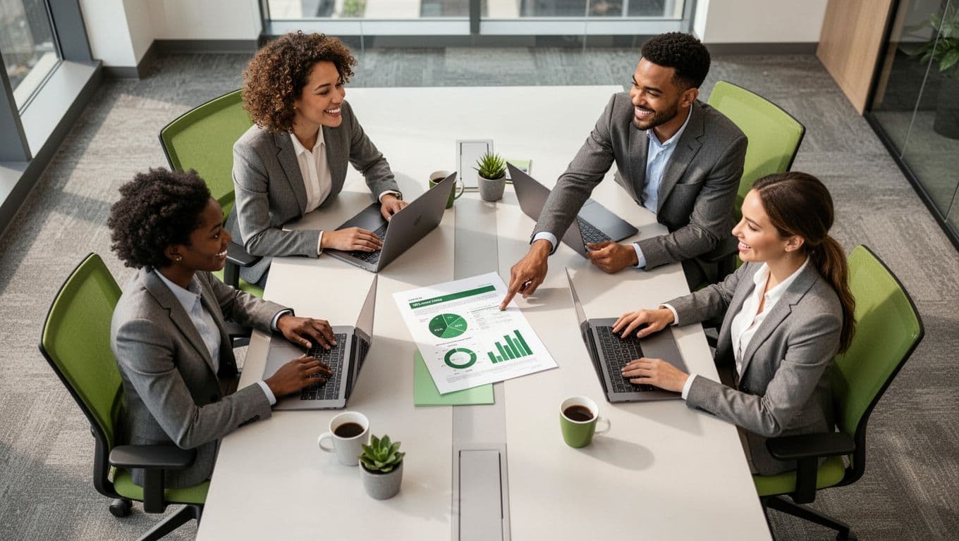 Overhead view of four diverse professionals around a table with closed laptops, one pointing to printed report showing metrics improvement.