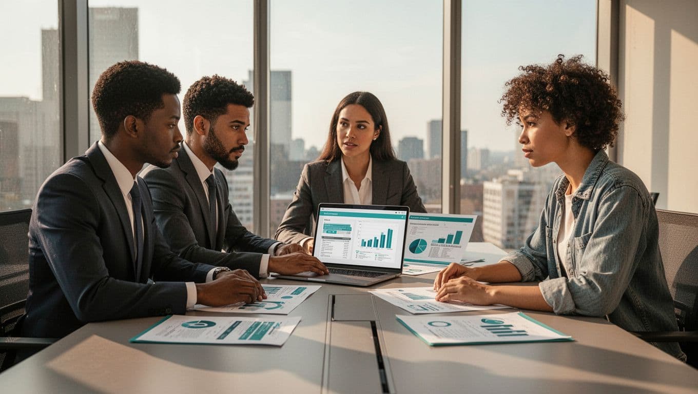 Modern illustration of a small diverse team of three professionals seated at a conference table in an office with large windows, reviewing printed risk reports and laptop charts focused on human risks in finance and HR.