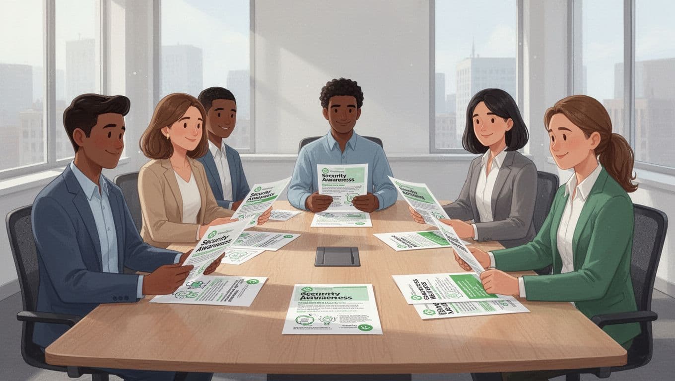 Modern illustration of a diverse team of six professionals collaborating around a conference table reviewing security awareness materials in a naturally lit room.
