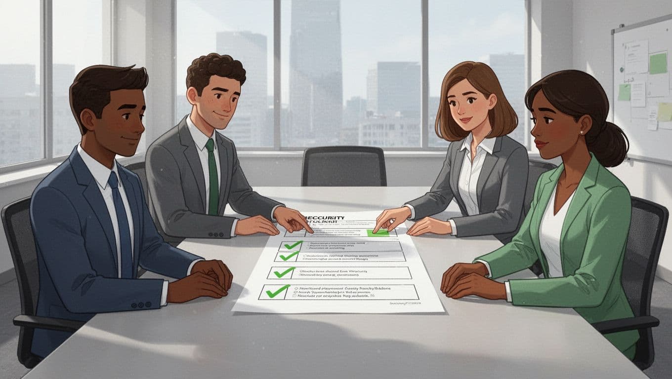 Modern illustration of a diverse team of four professionals gathered around a conference table in a modern office, reviewing a large printed security checklist with green checkmarks, focused expressions, soft natural lighting.