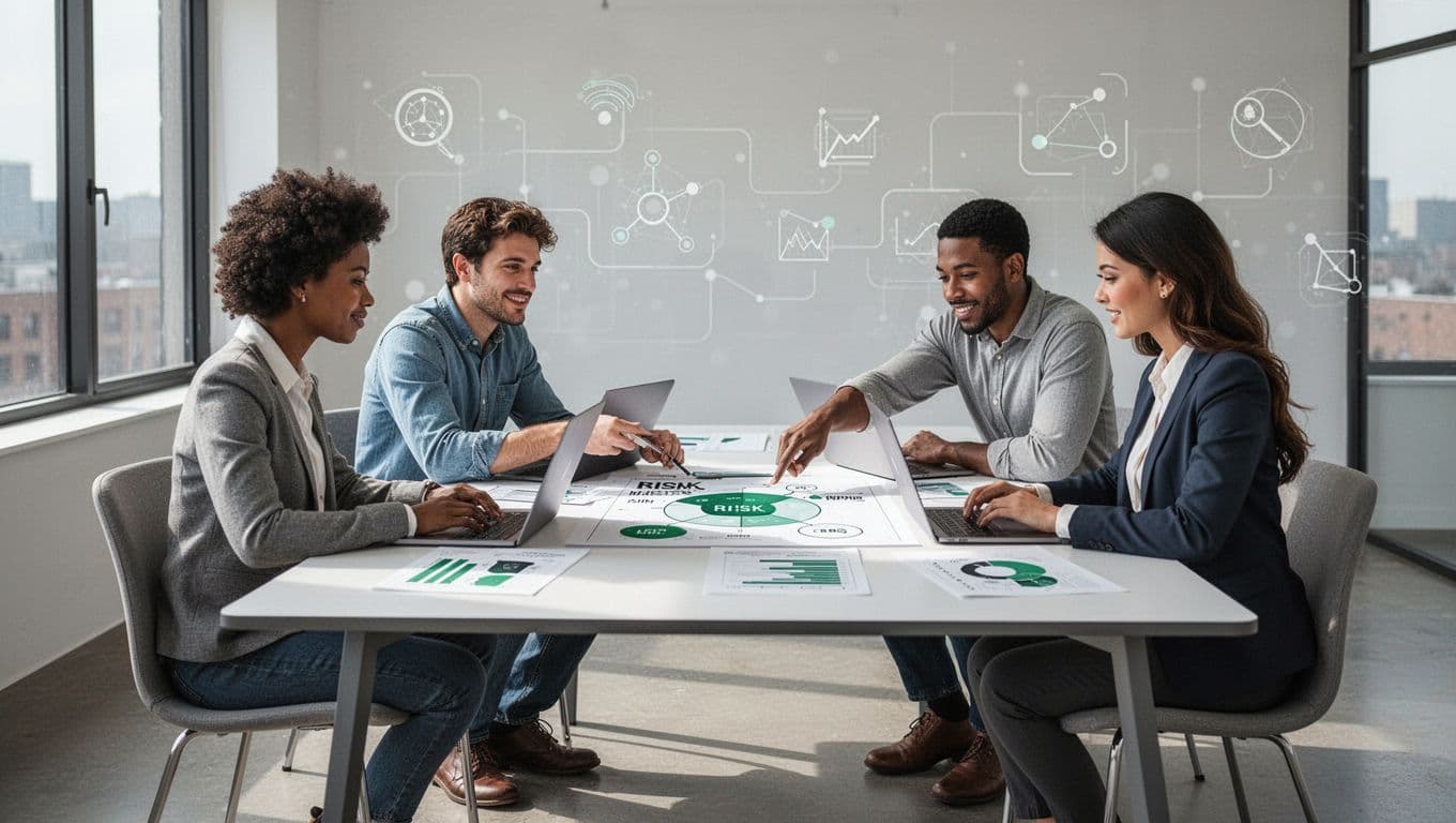Modern illustration of a diverse team of four collaborating around a table on risk mapping with charts, laptops, relaxed postures, and focused discussion; subtle frameworks icons in background, clean shapes, natural daylight, green accents.