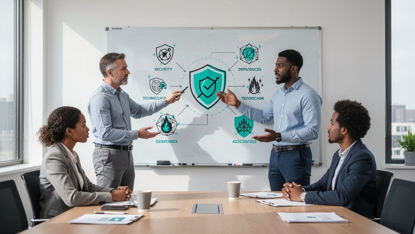 Modern illustration of a diverse team of three in a conference room collaborating around a whiteboard, with a nontechnical leader pointing at a security diagram and a technical expert explaining threats and defenses using simple icons.