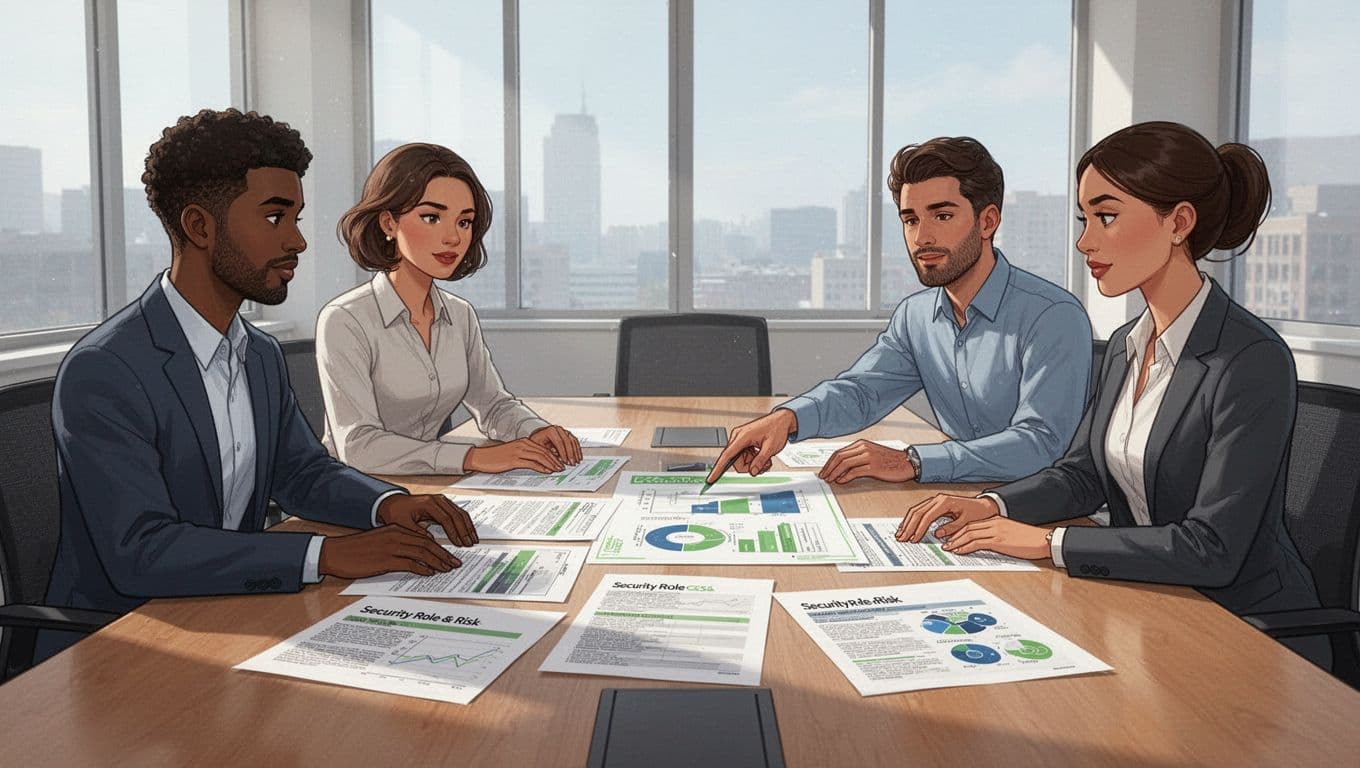 Modern illustration of a diverse team of exactly four professionals around a conference room table reviewing security roles and risks documents, with one person pointing to a chart accented in green, clean shapes, controlled colors, relaxed hands, and natural lighting.