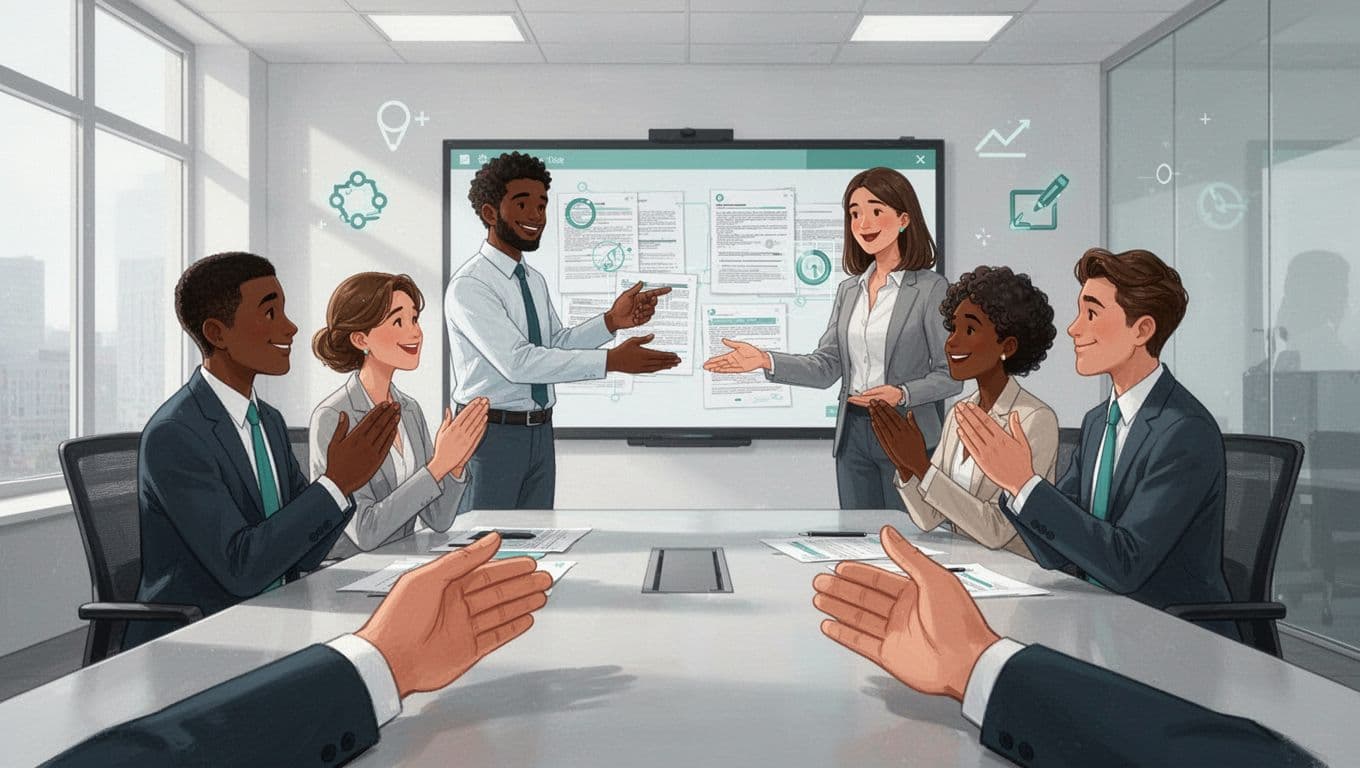 Modern illustration of a diverse team of four in a clean conference room reviewing security documents on a shared screen, with a facilitator pointing relaxedly and others nodding, surrounded by secure icons.