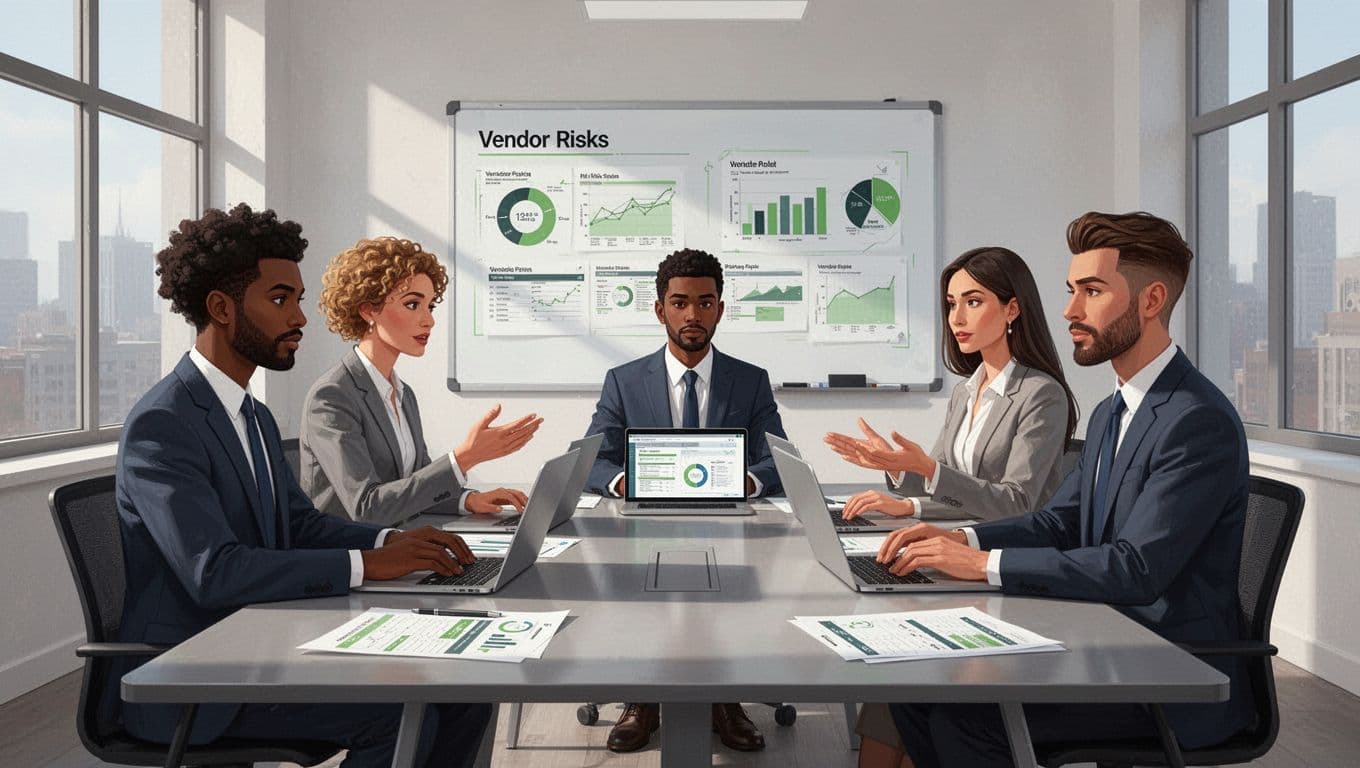 Three diverse professionals in a meeting room review vendor reports on laptops and whiteboard with green-accented risk charts.