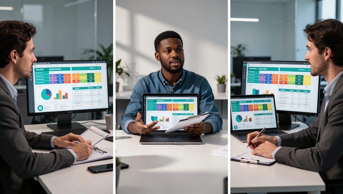 Three diverse interviewers in a virtual meeting compare notes on a detection engineer candidate's performance, with visible charts and score sheets in a modern illustration style.