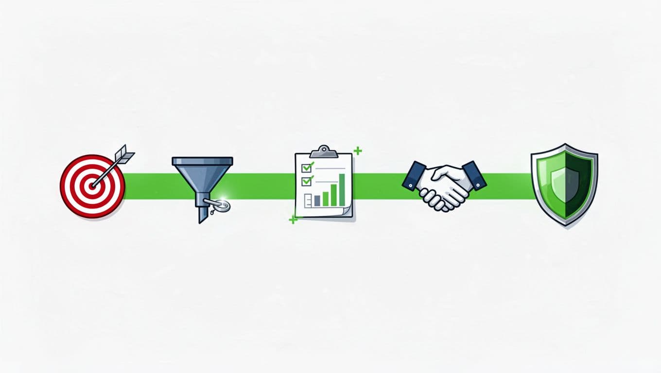 Horizontal diagram with five icons—target, funnel, checklist, graph, handshake—connected by green path to secure shield on white background.