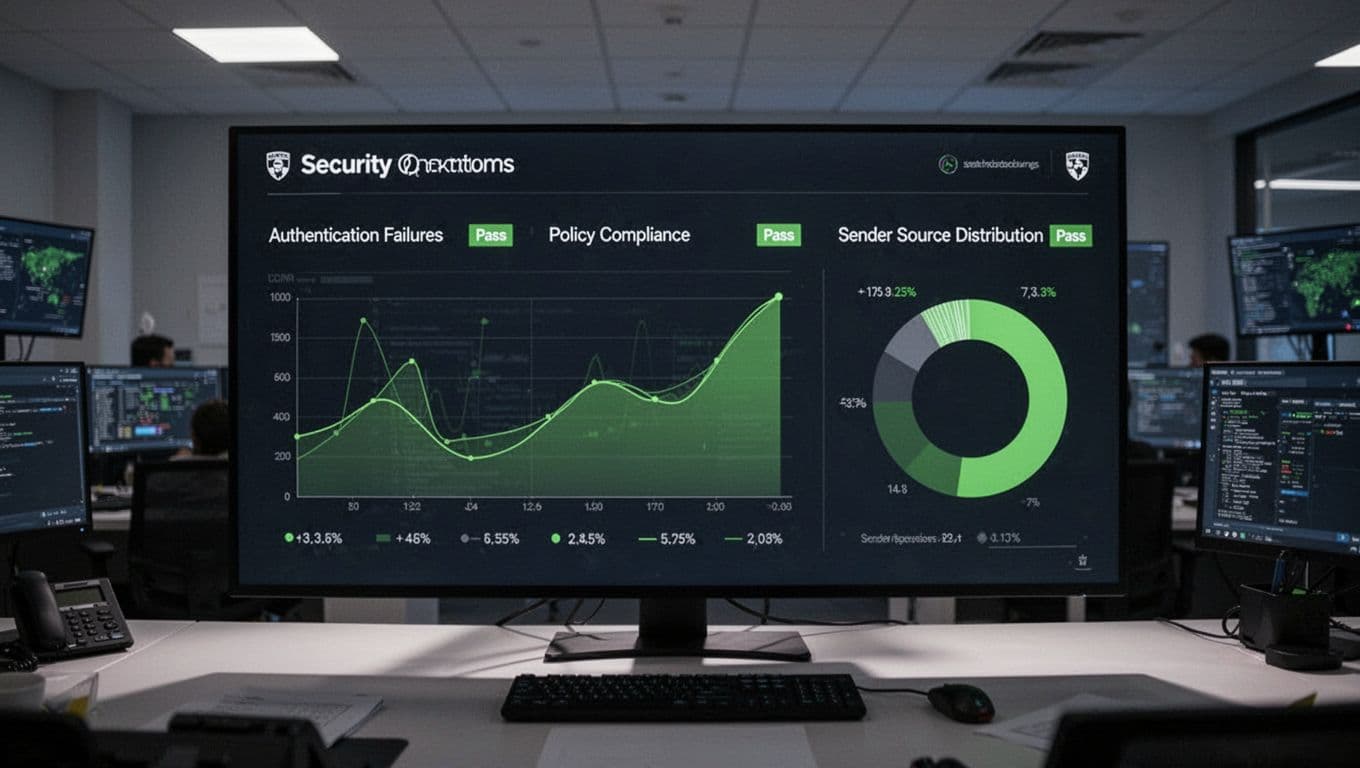 Modern illustration of a DMARC aggregate report on a dashboard screen in a security operations center, featuring charts for authentication failures, policy compliance, and sender sources with soft lighting and green accents for pass states.