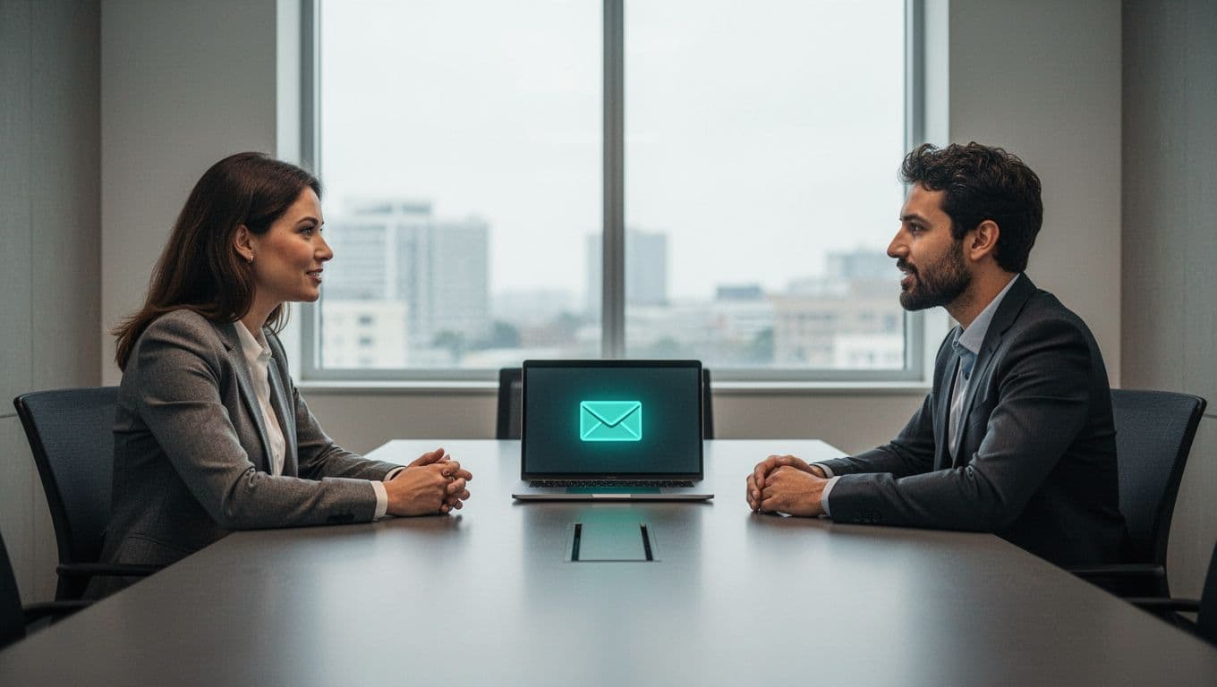 Interviewer and candidate review DMARC reports on laptop in modern conference room.