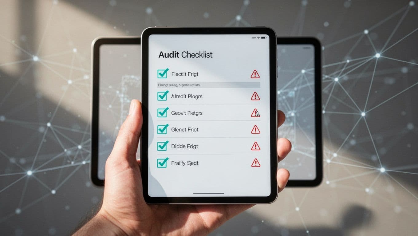 Hand holds digital tablet showing DNS audit checklist with checkmarks on items like subdomains and TXT records, plus warnings, against abstract network lines.
