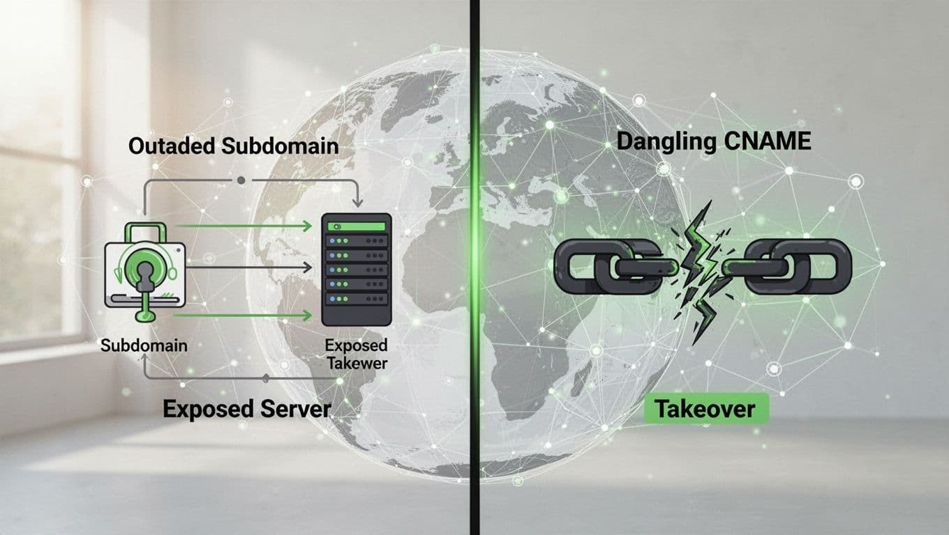 Split view shows outdated subdomain to exposed server on left and dangling CNAME with broken chain on right, network globe background.