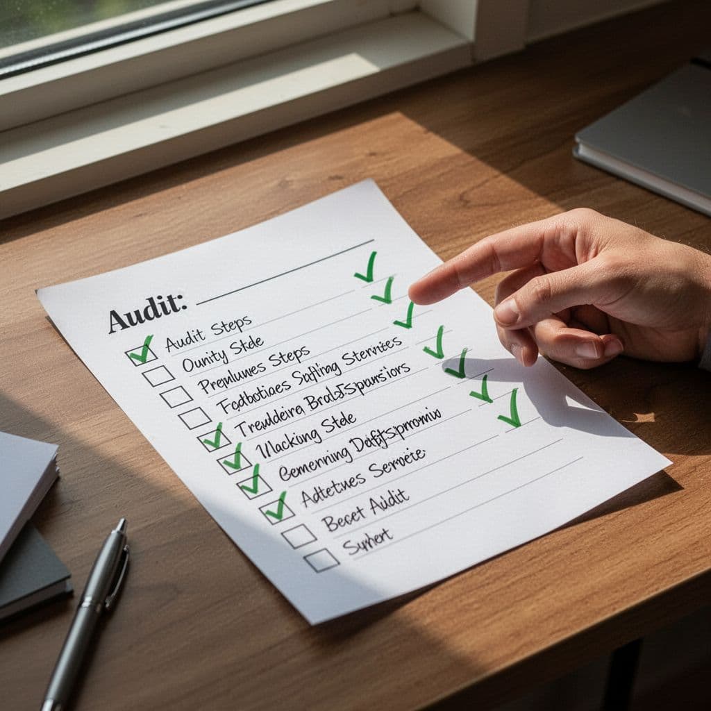 Modern illustration of a simple paper checklist on a desk for DNS audit steps including checking records, verifying SPF/DMARC, and testing zone transfer, with green checkmarks on completed items and a relaxed hand pointing to the list.