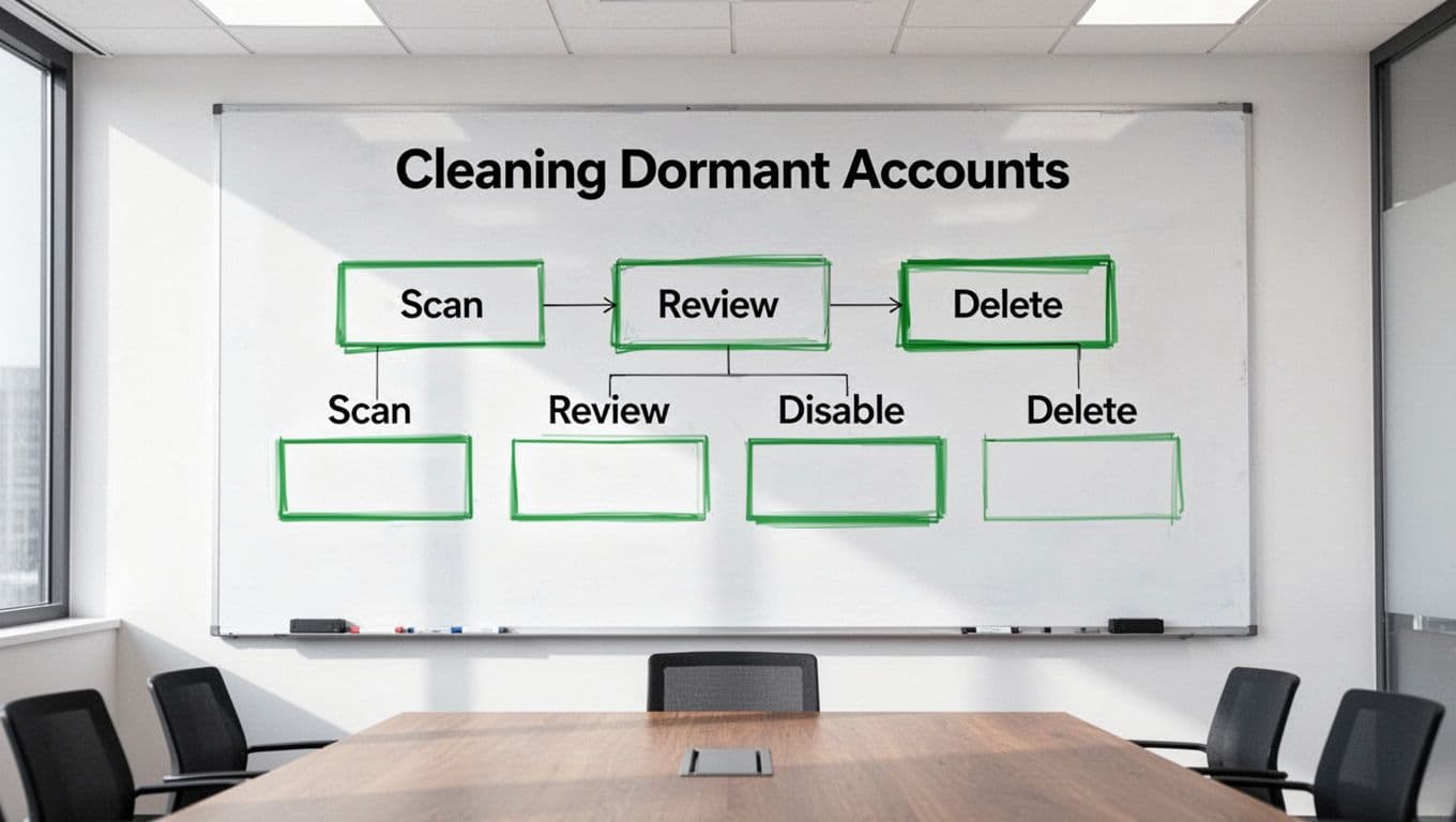 Modern illustration of a simple workflow flowchart for cleaning up dormant accounts, showing connected boxes for steps like scan, review, disable, and delete with green accents on a conference room whiteboard.