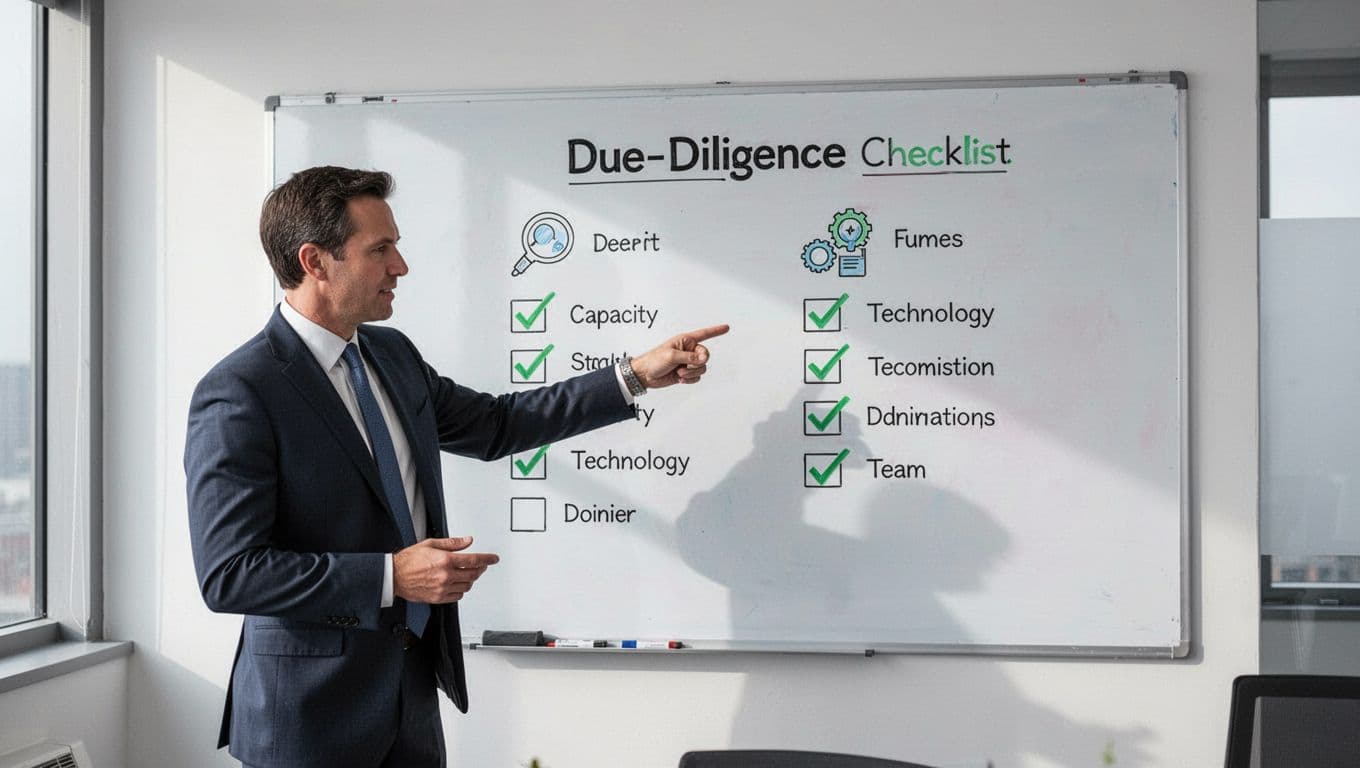 Modern illustration of a business leader pointing to a flowchart on a whiteboard with green checkmarks for criteria like capacity, tech, and team, in a clean office setting with strong focus composition.