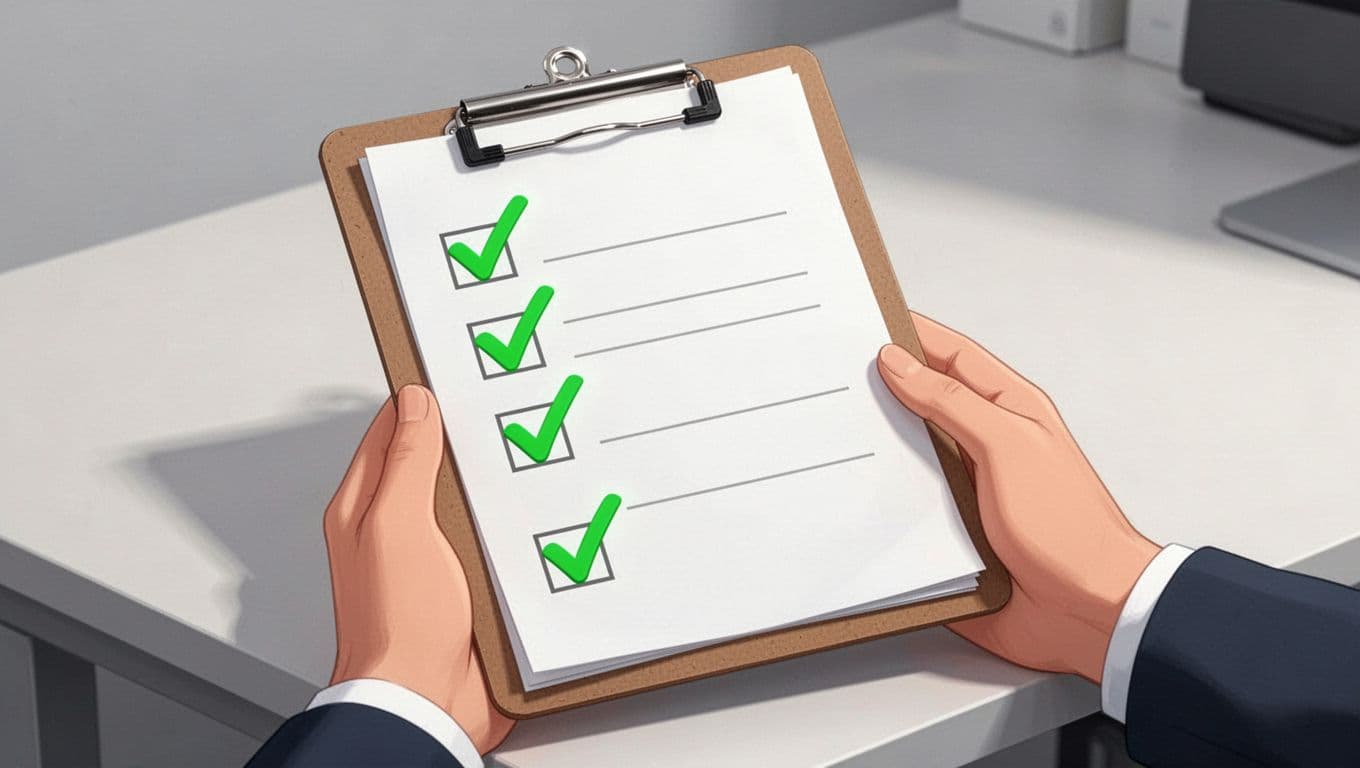 Clipboard with green checkmarks on checklist items held by one hand.