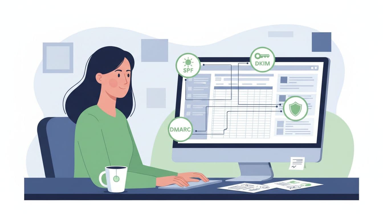 Cybersecurity professional examines email records on screen with SPF, DKIM, DMARC icons, desk has coffee mug and notes.