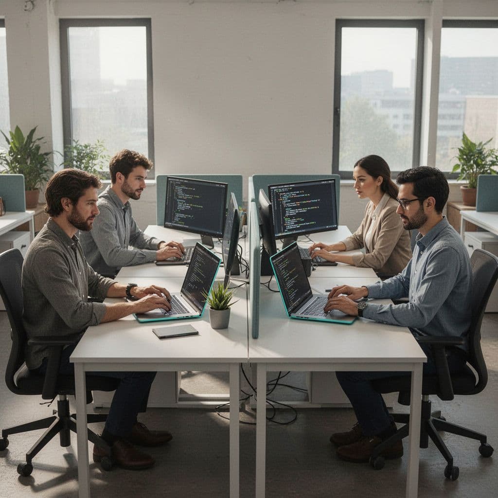 Modern illustration of two development teams each with one embedded security expert working side-by-side at shared desks with laptops and code screens in a collaborative open office atmosphere.