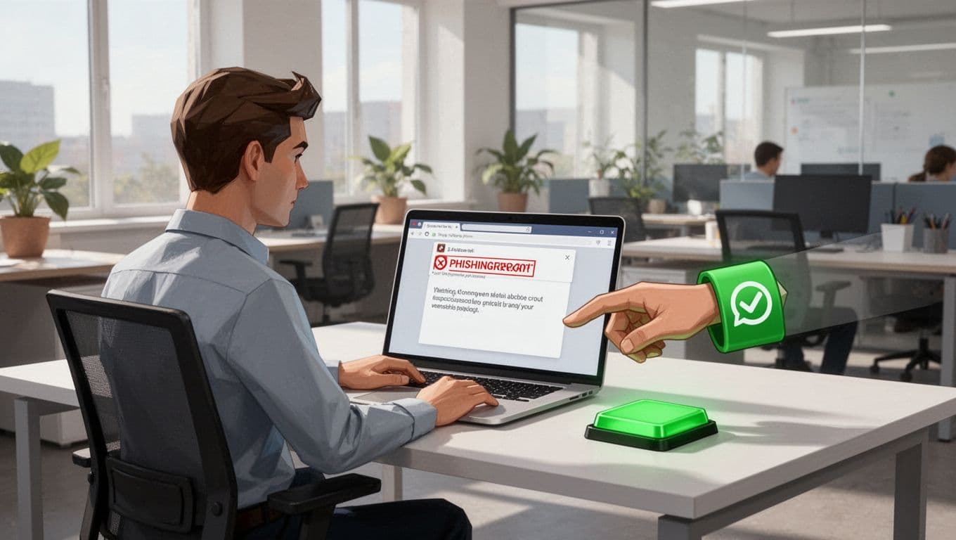 Employee at desk views suspicious email on angled laptop screen, hand hovering near green one-click phishing report button.