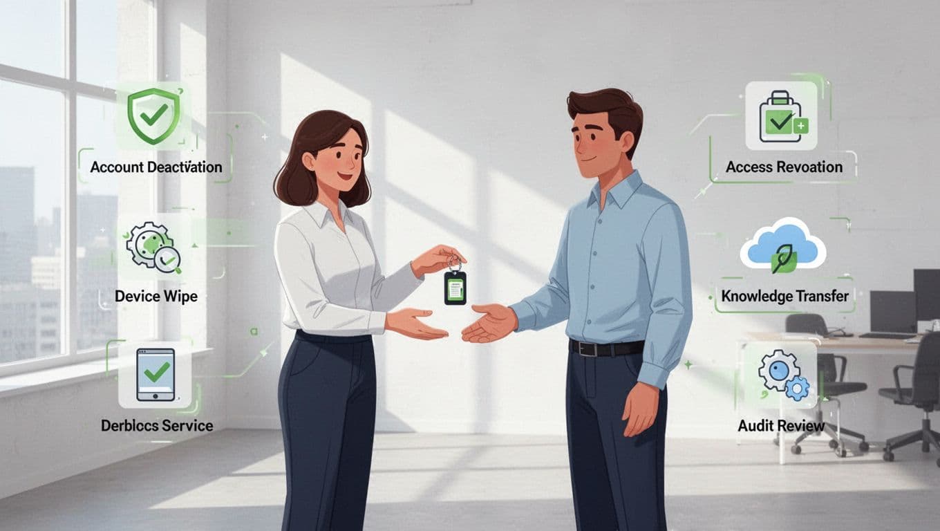 Modern illustration featuring a security checklist for employee offboarding with icons for account deactivation, access revocation, device wipe, SaaS deprovisioning, knowledge transfer, and audit review. Shows one HR professional and one departing employee exchanging a badge in an office setting with relaxed poses.