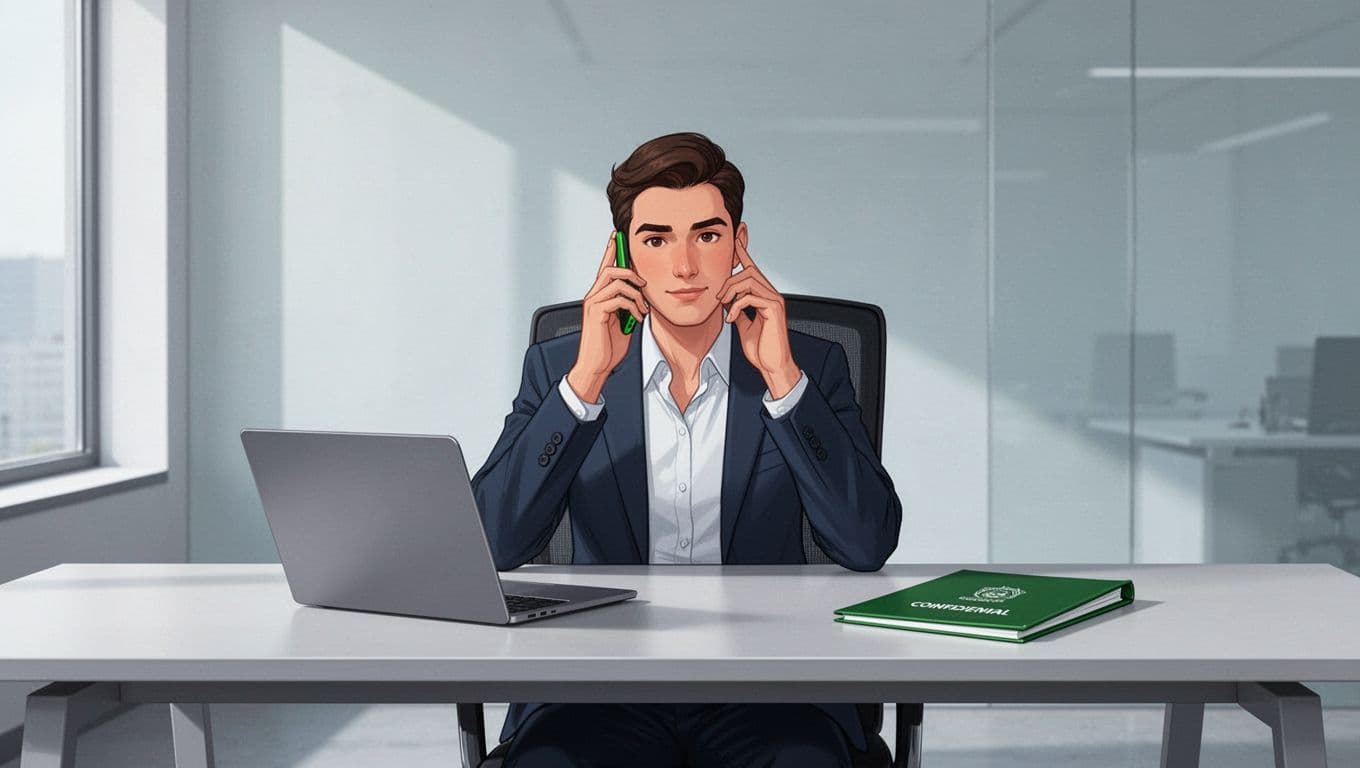 Illustration of a professional employee in a modern office, sitting relaxed at a desk with phone in hand ready to call the security hotline, laptop closed nearby, and subtle confidential folder.