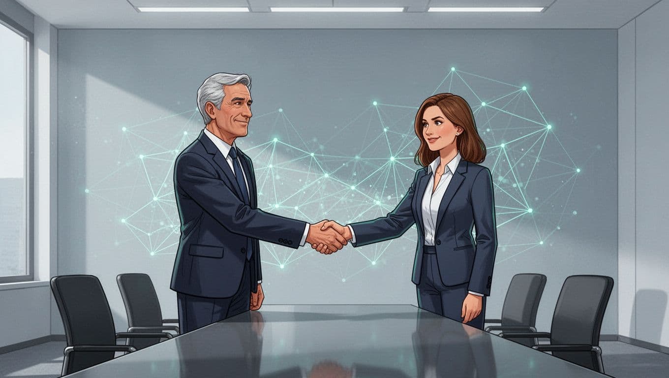 Modern illustration of a 50-year-old executive employer and 40-year-old specialized headhunter woman shaking hands across a conference table in a sleek meeting room, with glowing network lines symbolizing confidentiality.