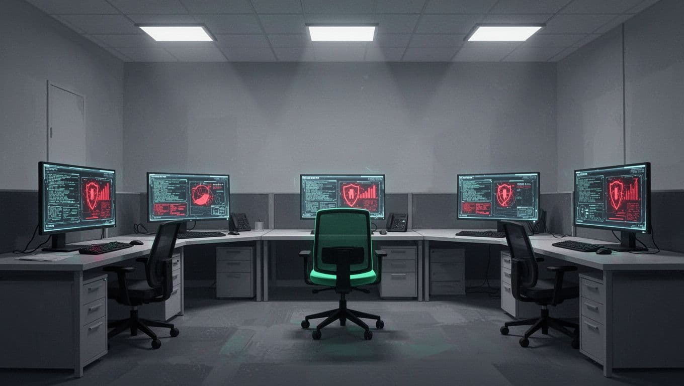 Modern illustration of an empty security operations center featuring five vacant desks, glowing screens with threat alerts, and soft lighting, emphasizing the shortage of cybersecurity professionals.