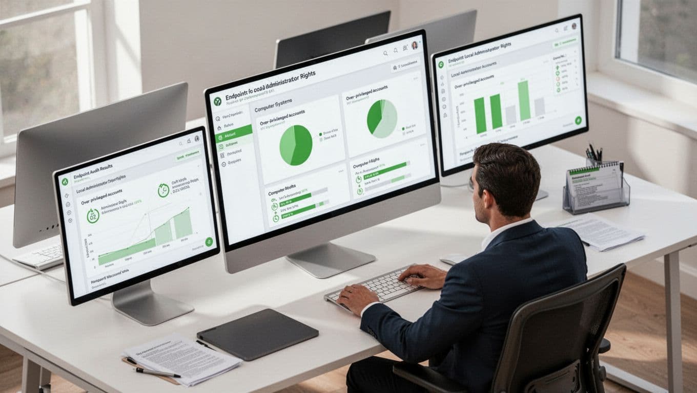 Modern isometric illustration of a dashboard displaying endpoint audit results for local admin rights, highlighting over-privileged accounts on Windows and macOS with green-accented charts. Analyst views data on multiple monitors in a clean desk setup.