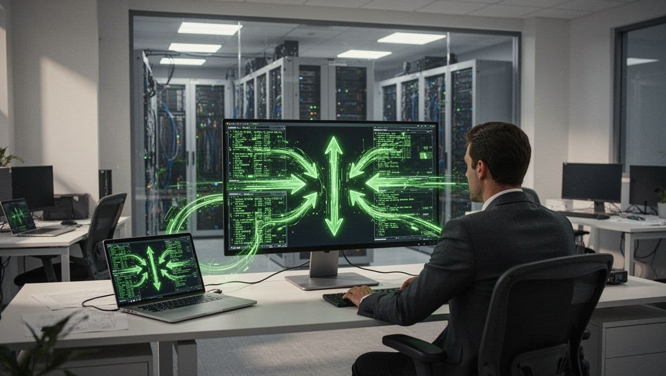 Laptops and servers in office and server room send green data streams to central security dashboard viewed by one analyst.