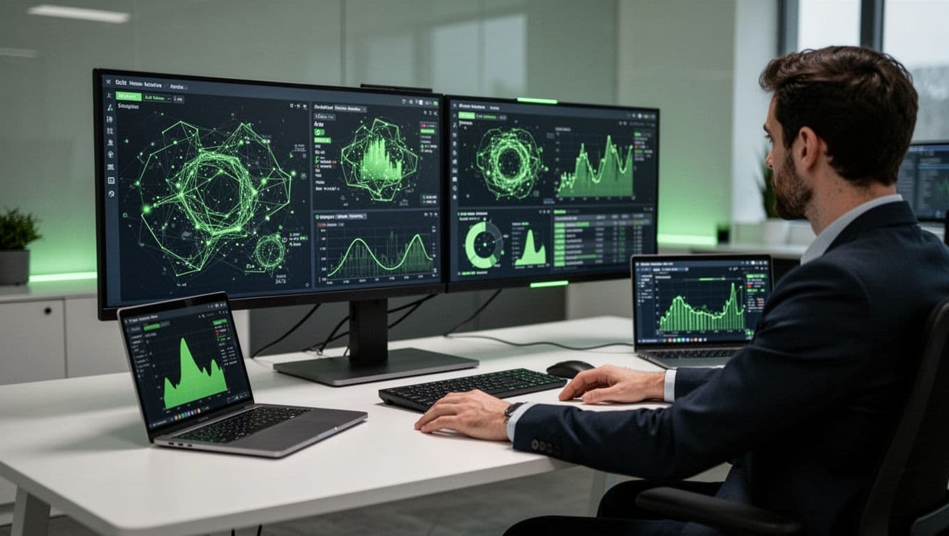 Endpoint security engineer at desk with dual monitors showing threat alerts and device console, laptop displaying mobile policy.