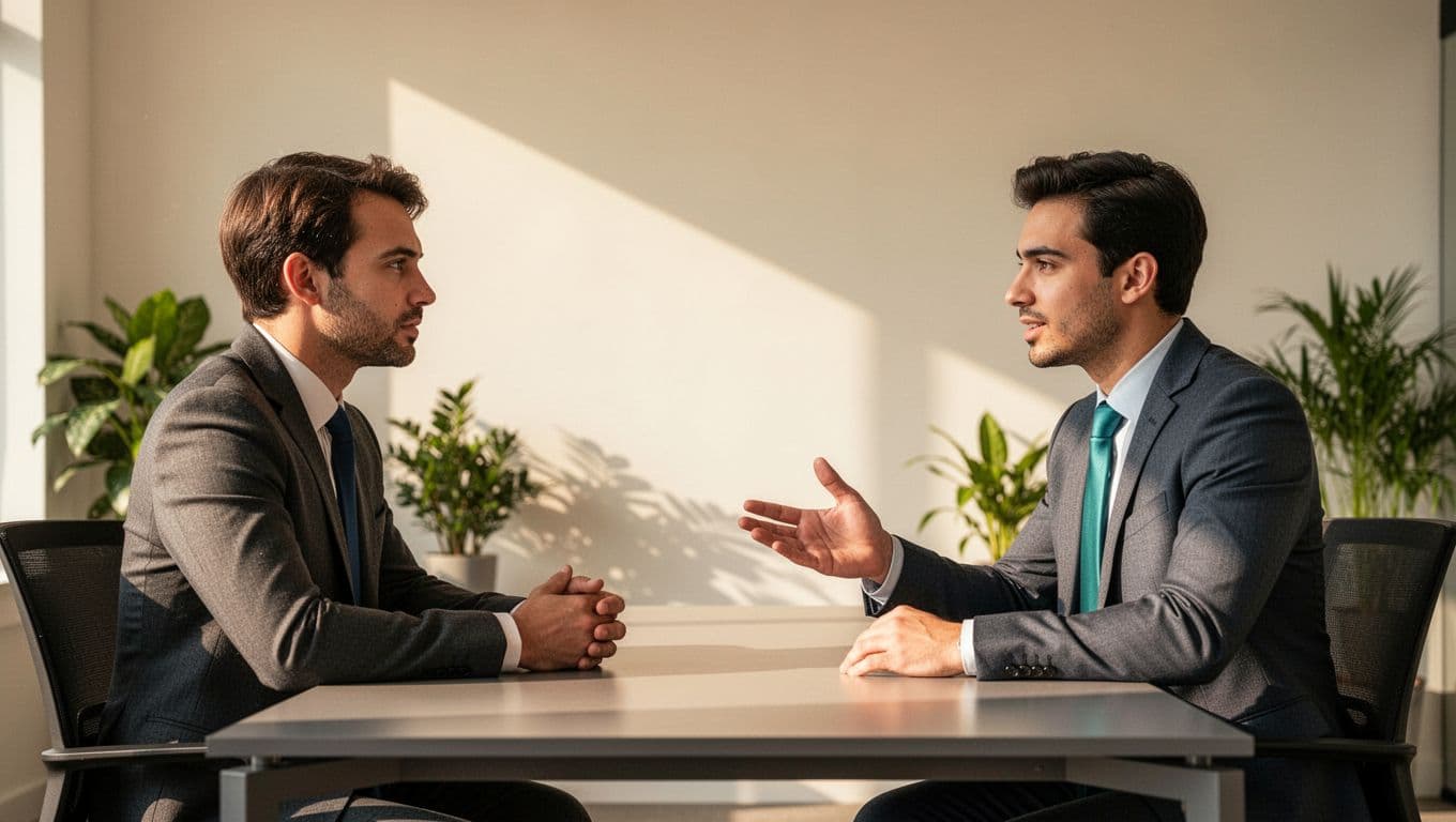 Interviewer and candidate across desk in bright office, candidate gesturing animatedly while explaining with eye contact.