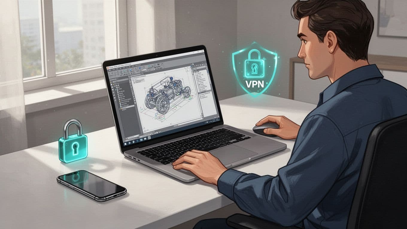 Engineer at home desk reviews blurred prototype files on angled laptop, VPN indicator and locked phone nearby on clean surface.