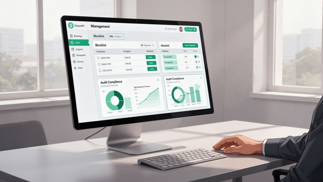 Modern illustration of clean enterprise admin console interface on computer screen showing extension allowlist, blocklist tables, and audit compliance charts, angled on desk in bright office with one admin hand nearby.