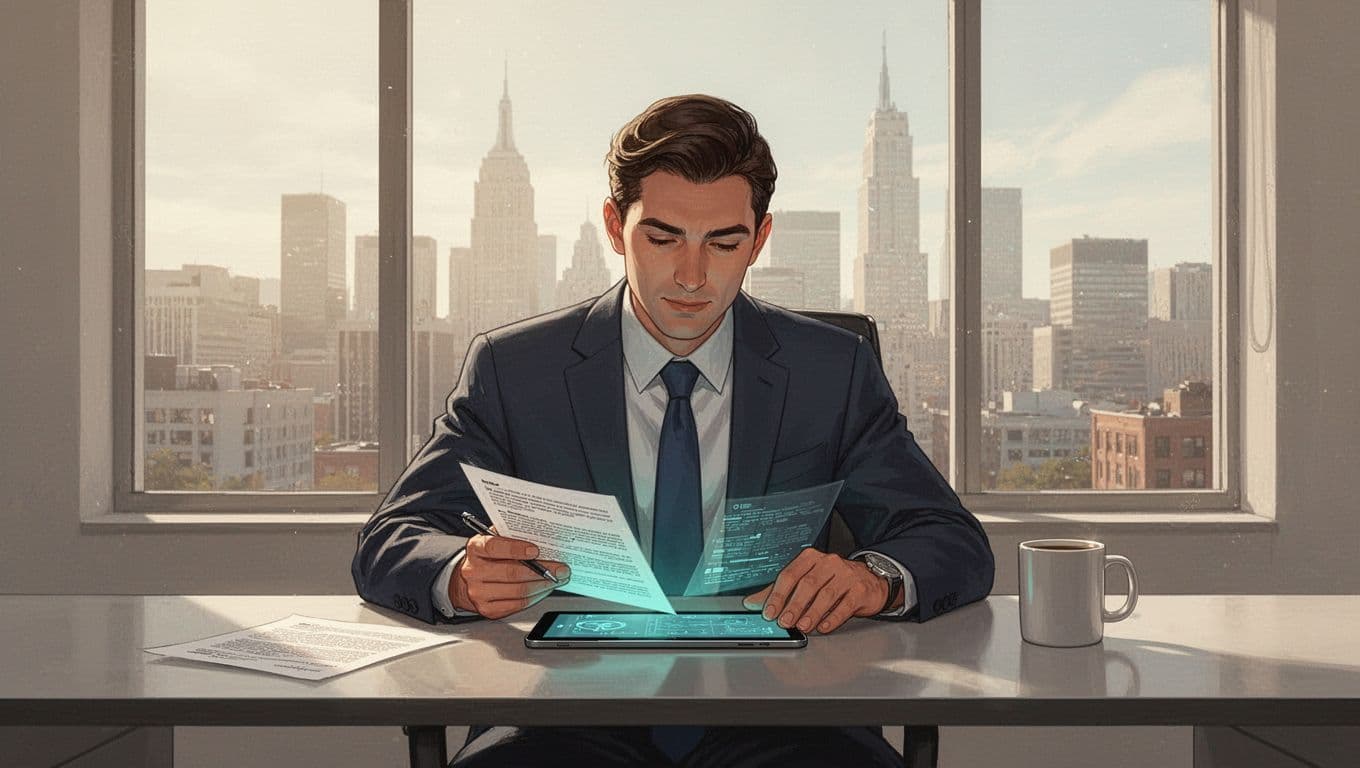 An enterprise CISO professional sits relaxed at a modern desk, reviewing documents on a tablet with a coffee mug nearby and cityscape through the window. Modern illustration in clean shapes with warm lighting and green accent on the tablet.