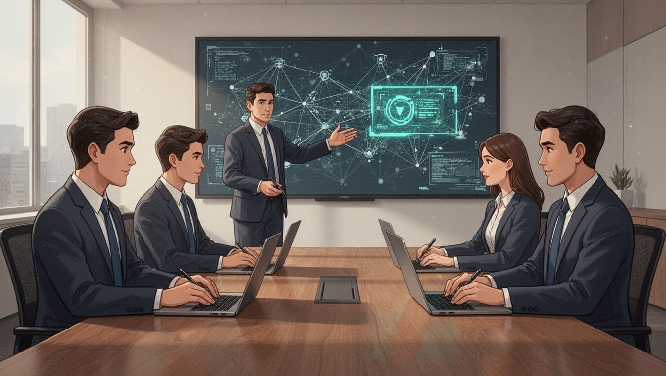 A team of four professionals in enterprise cybersecurity consulting collaborates in a modern conference room, with the lead consultant pointing at a digital wall screen displaying abstract network security visualizations while others take notes on laptops.