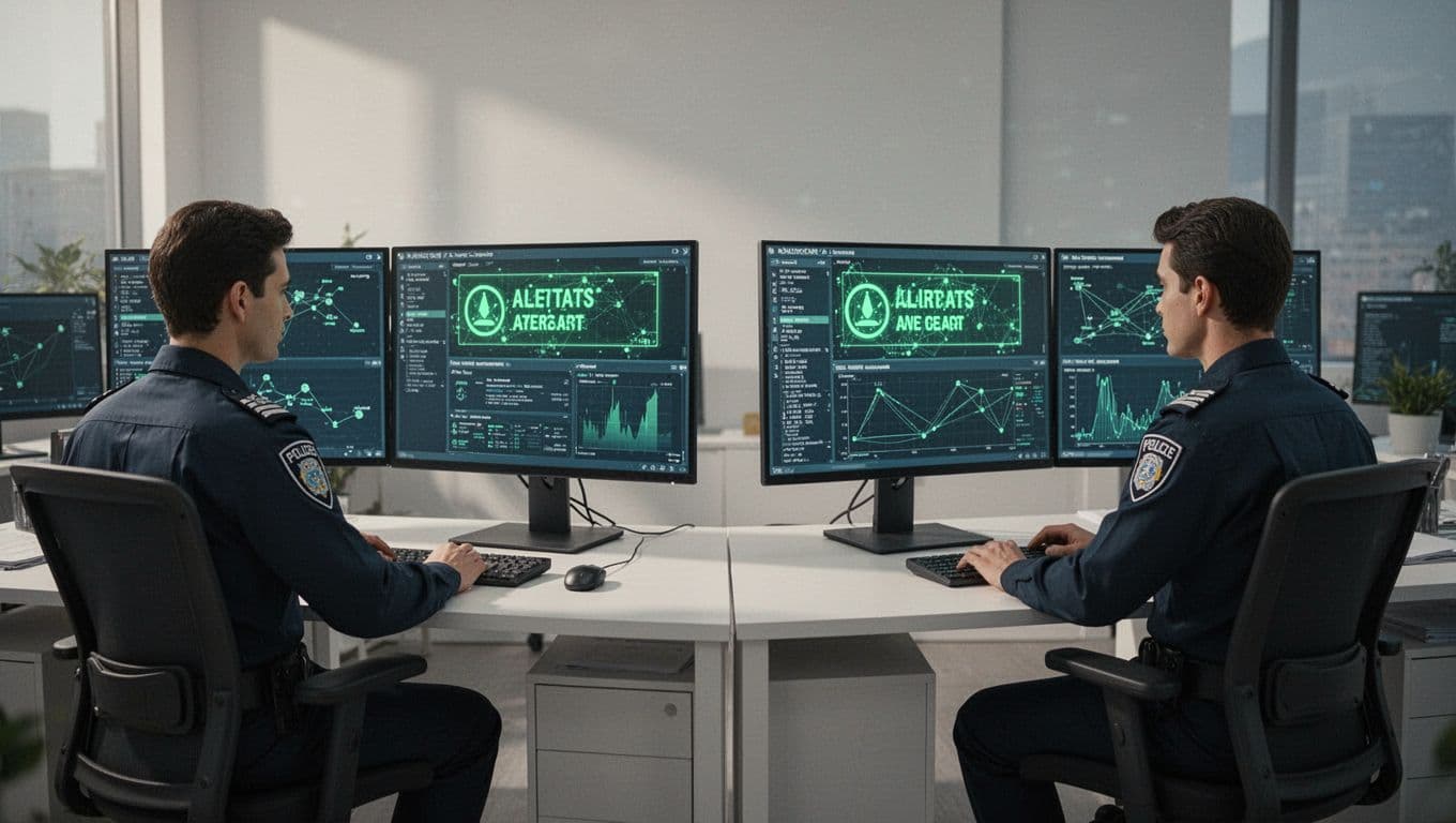 Modern illustration of enterprise security team monitoring executive home networks on a dashboard with green alerts (#22C55E) in an office environment. Two analysts at desks with screens, clean shapes, controlled colors, strong composition, no text or watermarks.