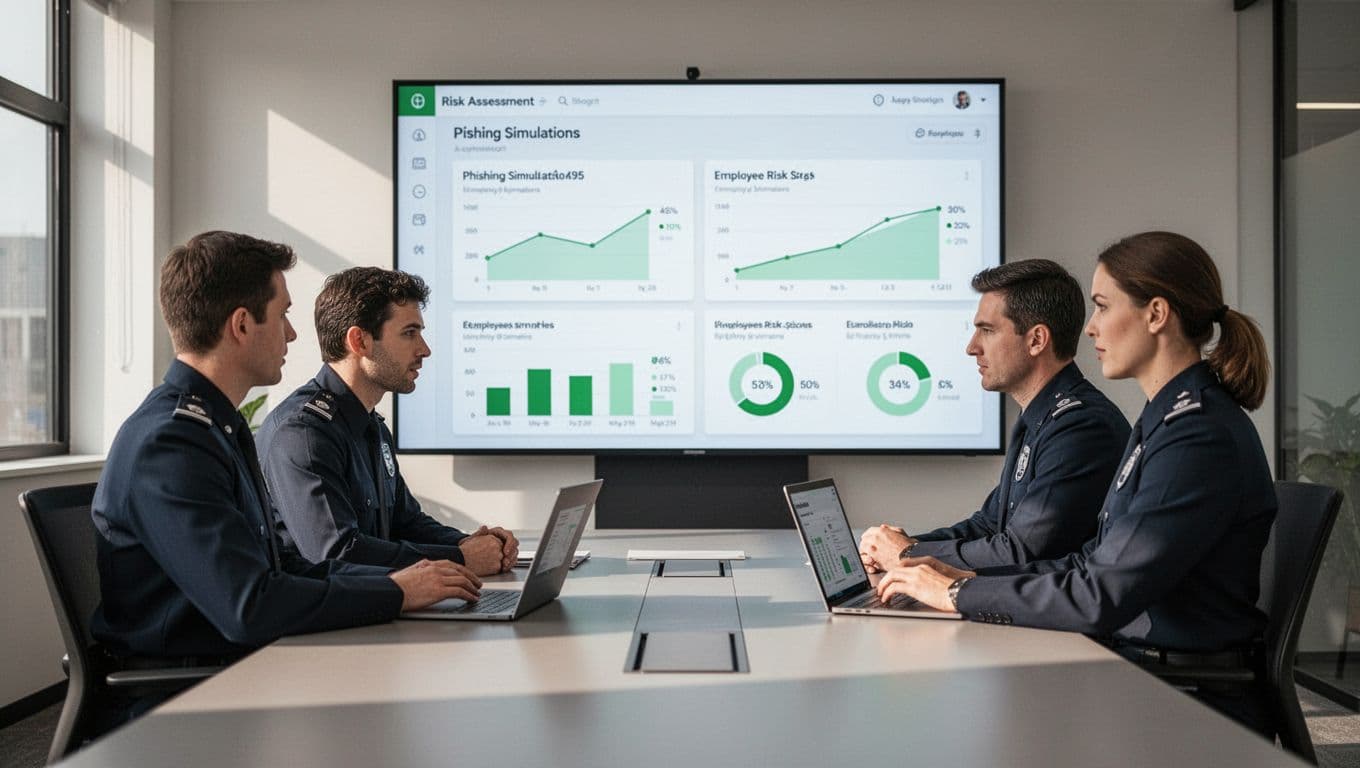 Modern illustration of enterprise security team in a conference room reviewing human risk assessment dashboard on a large screen, charts showing phishing simulation results and employee risk scores, clean shapes, controlled colors with #22C55E accents on graphs, strong composition from side angle focusing on team discussion, natural lighting, exactly three people present no additional humans, one laptop one screen no extra devices, no text or logos.