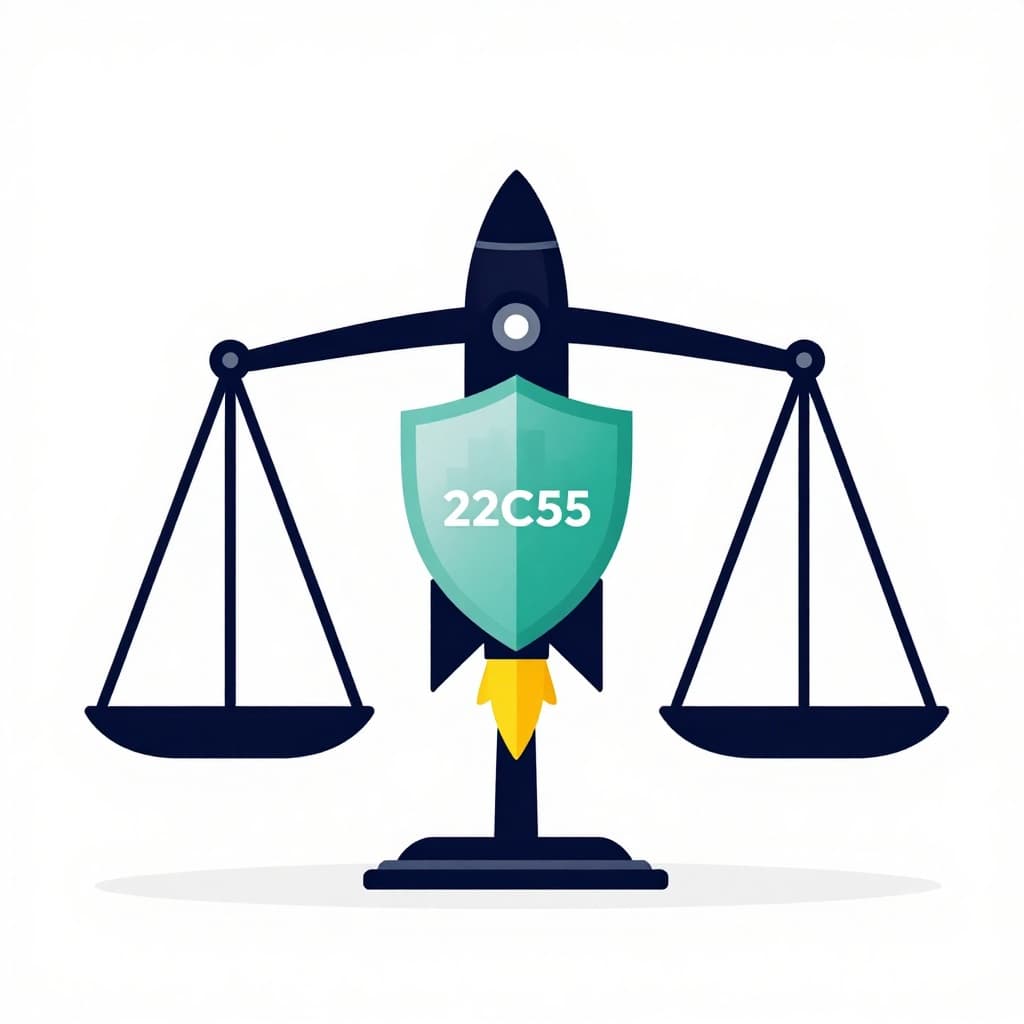 Balance scale holds enterprise building on one side and startup rocket on the other, with central vulnerability shield.