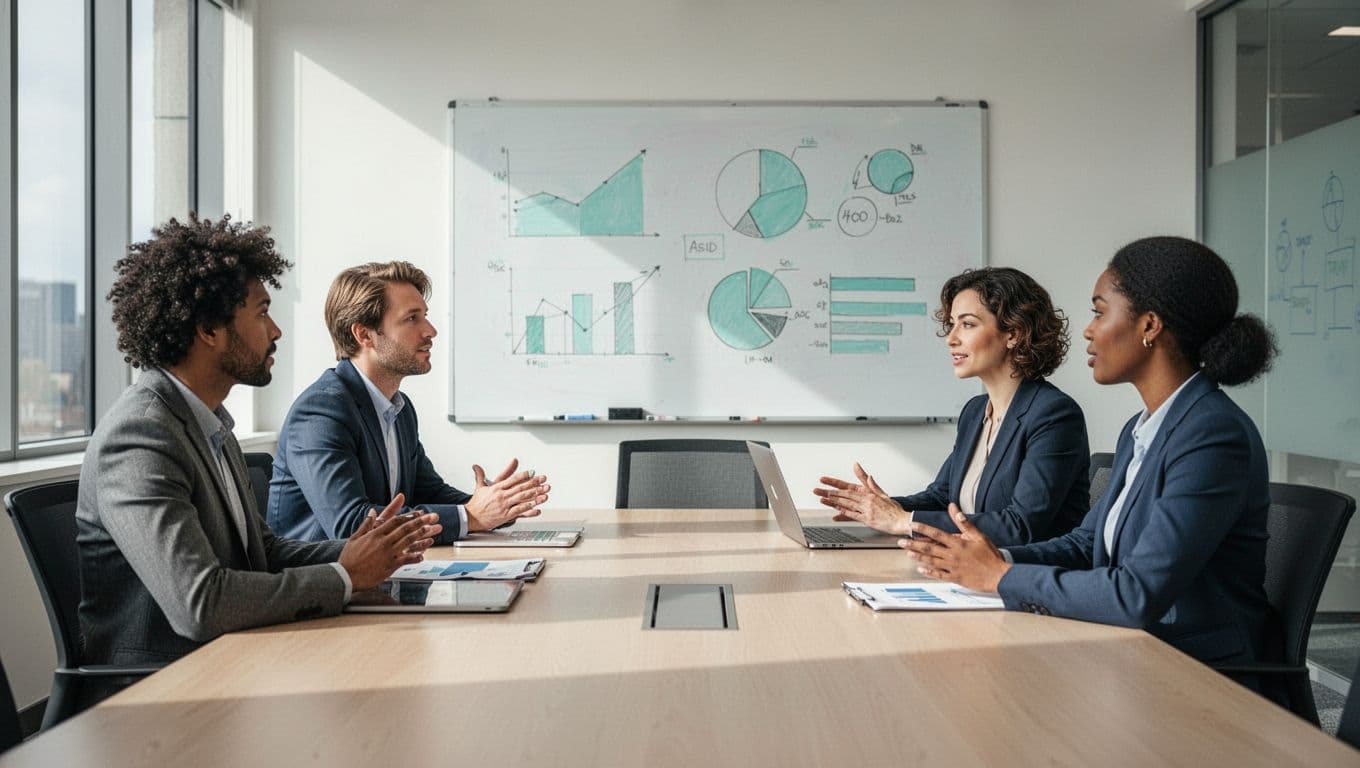 Diverse group of four in conference room around table with whiteboard charts on hiring process.