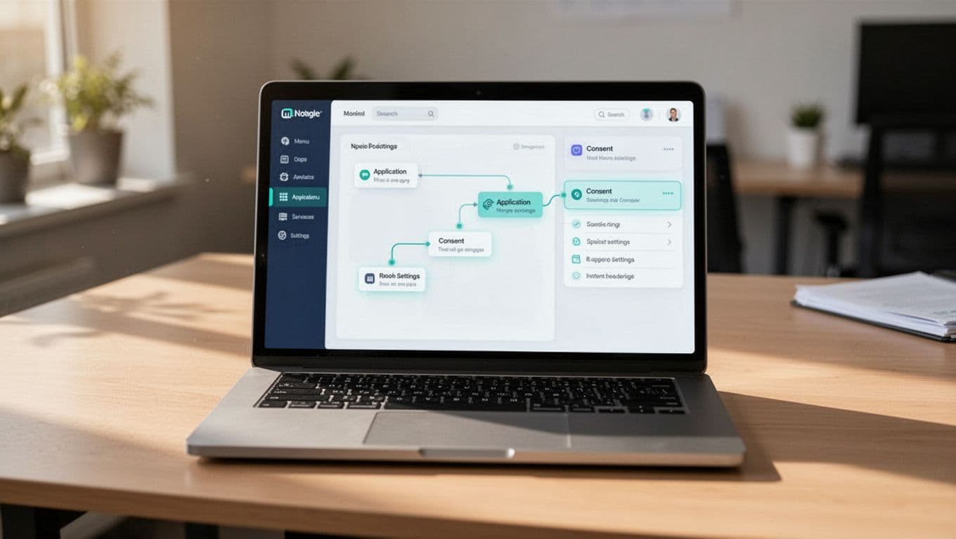 Modern illustration of Microsoft Entra admin center dashboard on a laptop in an office setting, highlighting the navigation path to enterprise applications and OAuth consent settings with green accents.
