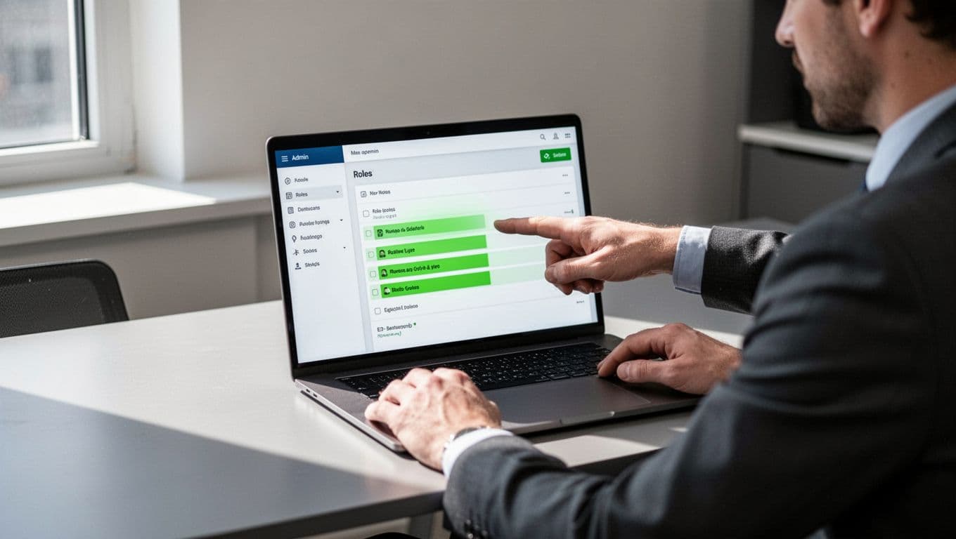 Laptop screen shows Entra admin center dashboard listing roles with green highlights; administrator points at it in modern office.