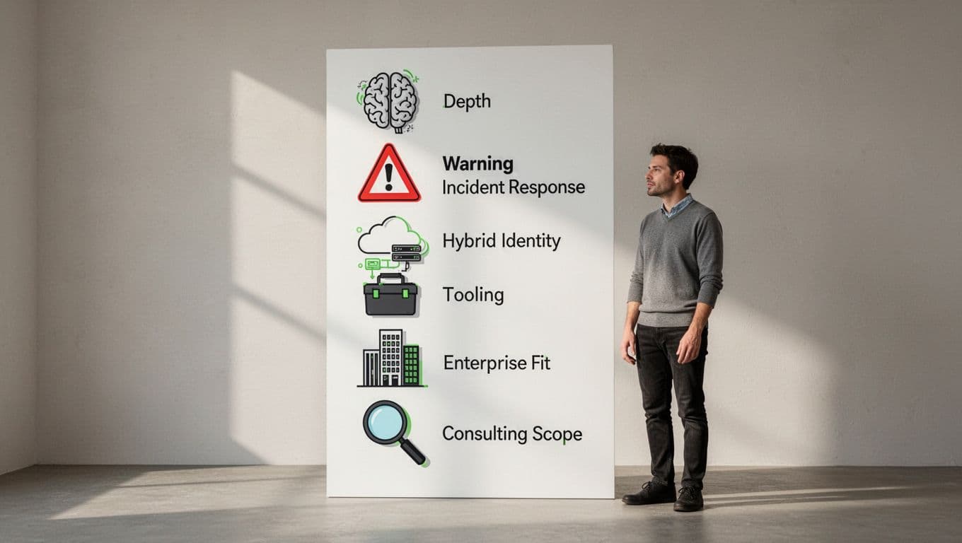 Modern illustration of a checklist board with clean icons for technical depth, incident response, hybrid identity, tooling, enterprise fit, and consulting scope, with one relaxed person standing nearby.