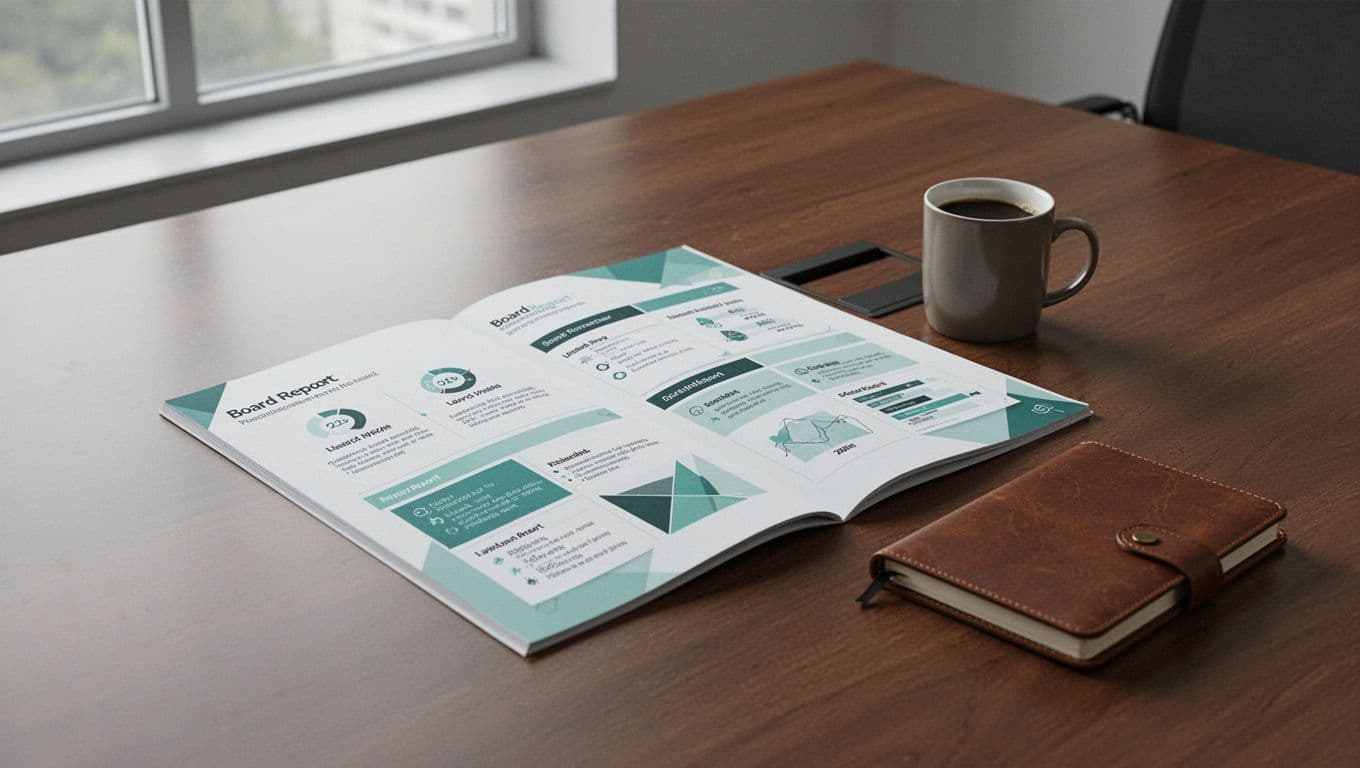Modern illustration of a printed board report document layout featuring executive summary, metrics table, and partnerships list on a boardroom table next to a coffee mug and notebook. Clean professional style with soft natural light, clean shapes, controlled colors, and #22C55E highlights.