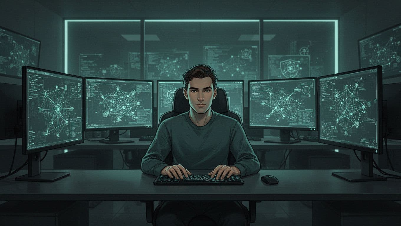 An ethical hacker works focused in a modern dimly lit security operations center at a desk with multiple monitors showing network graphs and vulnerability scans.