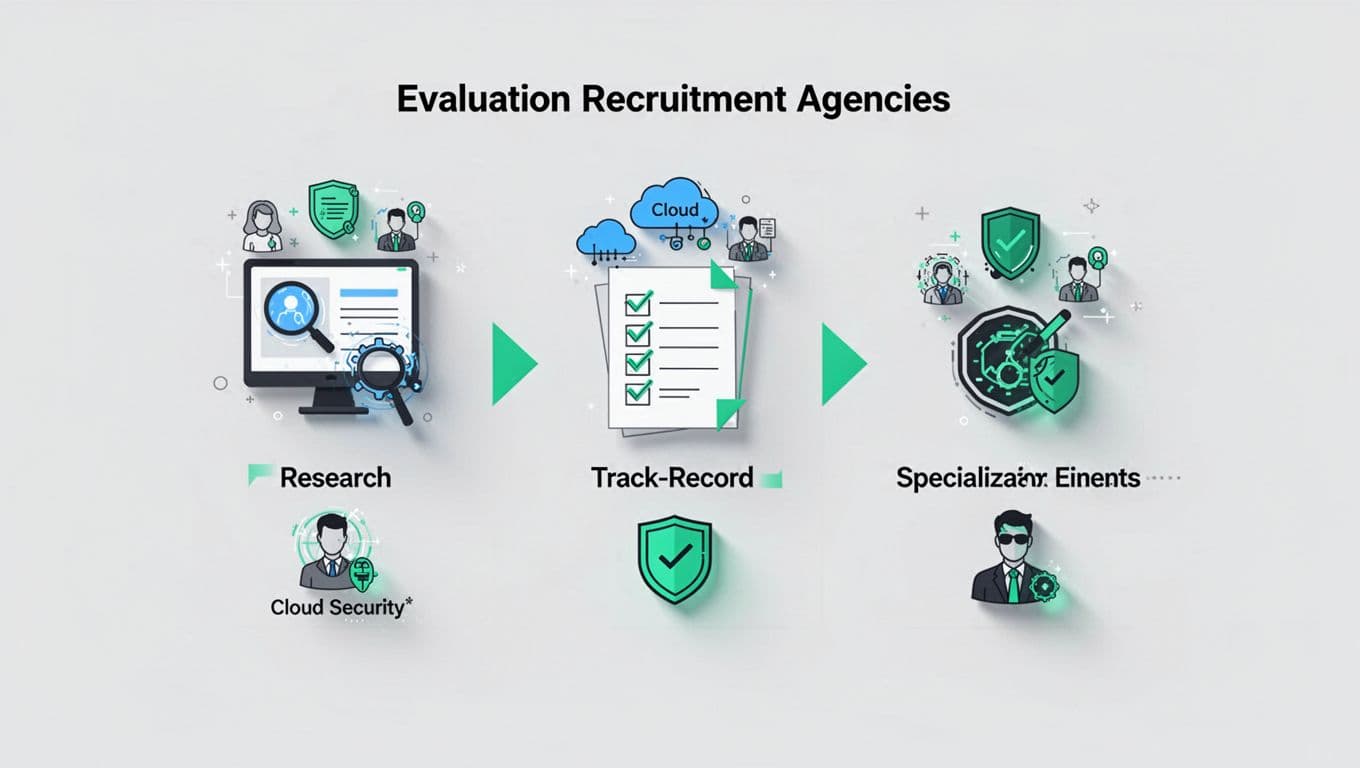 Modern illustration of a flowchart outlining steps to evaluate recruitment agencies: research, check track record, review specializations, featuring icons for cyber roles like cloud security and CISO. Clean shapes with green accents, strong top-down composition, simple icons only.