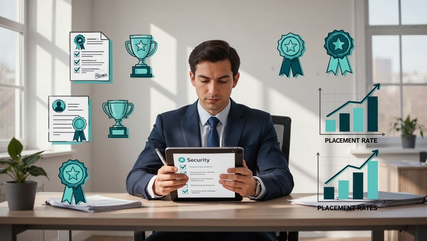 Modern illustration of a professional leader at a desk reviewing a checklist on a tablet, surrounded by icons representing resumes, awards, and graphs of metrics like placement rates, in clean shapes with green accent highlights.