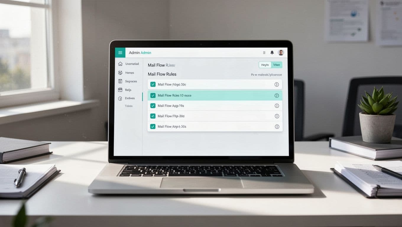 Modern illustration of Microsoft Exchange admin center dashboard showing mail flow rules list with forwarding options highlighted on a centered laptop screen in a clean office desk setting with soft natural lighting.